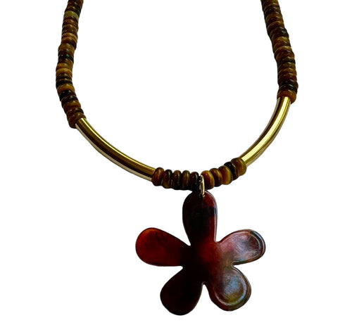 Vintage Tiger's Eye Heishi with Flower Pendant